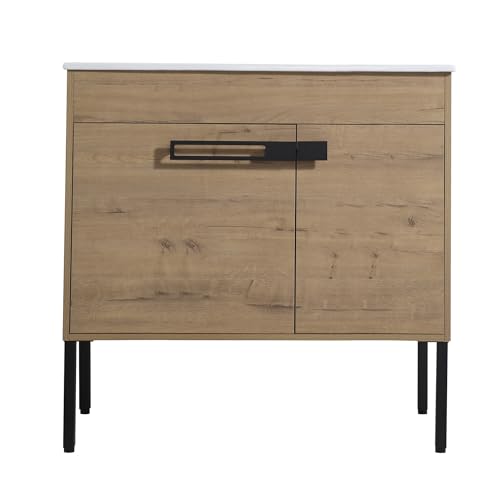 WEALTHGIRL Modern Bathroom Vanity with Soft Closing Doors, Adjustable Shelf – Scratch & Water-Resistant Melamine Finish, Floating or Freestanding Installation (Imitative Oak Vanity,36IN)