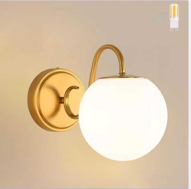 Vintage Bathroom Vanity Light Fixtures Over Mirror, Brushed Gold Vanity Lights For Bathroom With Milk White Glass Globe Shade, Wall Sconces For Bedroom, Hallway, Dressing Table(Includ G9 Bulb)
