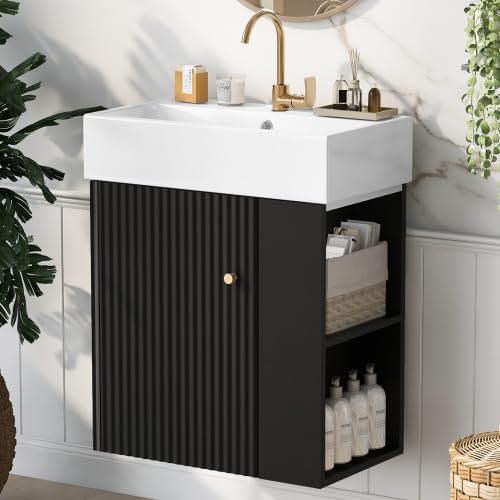 Virubi 21.6 in Floating Bathroom Vanity with Sink,Soft Closing Doors,Solid Wood Frame & MDF Modern Single Small Black Bathroom Vanity Cabinet with Open Shelf,Wall Mounted