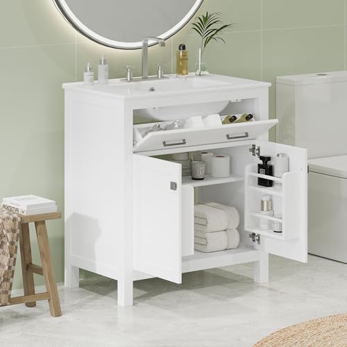Virubi 30 in Bathroom Vanity with Sink,2 Storage Doors,1 Tip-Out Drawer,Adjustable Shelf,and Soft Closing, Solid Wood & MDF Modern Single Bathroom Sink Cabinet, Freestanding (White)