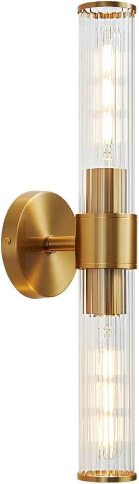 Bathroom Light Fixtures, Gold Wall Sconce in Threaded Glass Indoor Wall Sconces, Modern Bathroom Vanity Light Up and Down Sconces Wall Lighting for Living Room, Hallway - Bulb Not Included