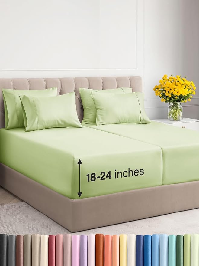 Extra Deep Split King Sheet Set - 7 Piece Breathable & Cooling Sheets - Hotel Luxury Bed Sheets Set - Easy Fit - Soft, Wrinkle Free & Comfy Sheets Set - Light Sage Sheet Set with Extra Deep Pockets