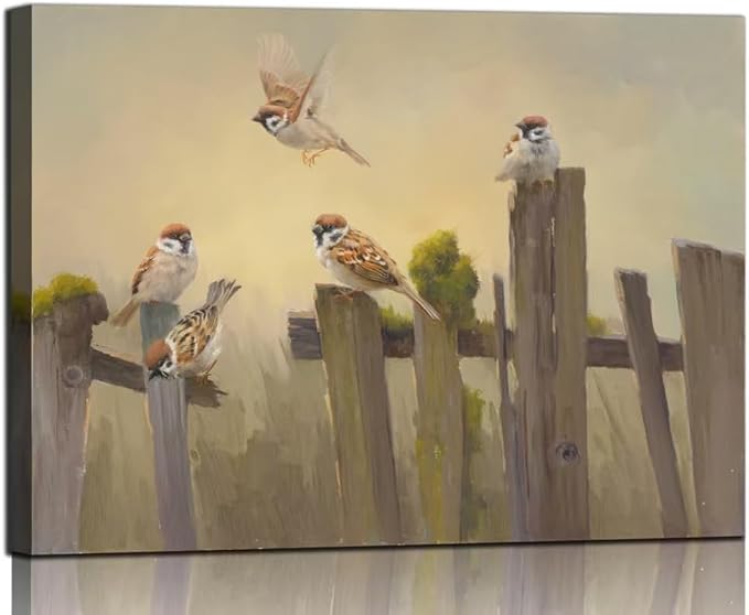 Bird Wall Art Birds Flying on The Wooden Fence Painting Decor Farmhouse Birds Canvas Art Print Pictures for Living Room Kitchen Home Office Decorations 24x32 inch
