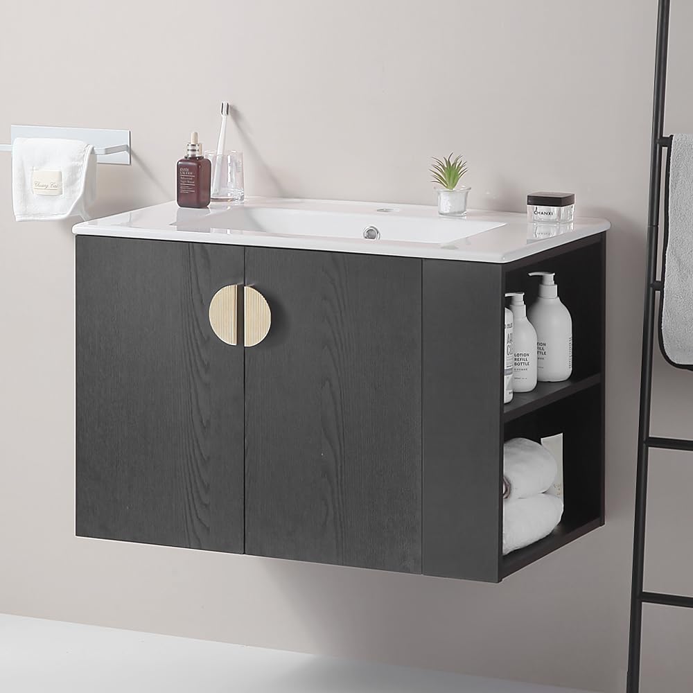 Elegant 30" Black Gold Bathroom Vanity with Sink, Wall Mounted Bathroom Vanity with Right Open Shelf, Modern Wood Floating Bathroom Storage Cabinet with Ceramic Sink for Home Apartment