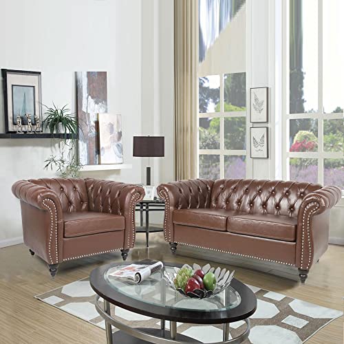 RARZOE 2 Pieces of Living Room Furniture Sofa Sets,Modern Contemporary Tufted Button Faux Leather Accent Club Chair&Chesterfield Loveseat Sofas Set with Nailhead Trim Scroll Arms for Home,Dark Brown