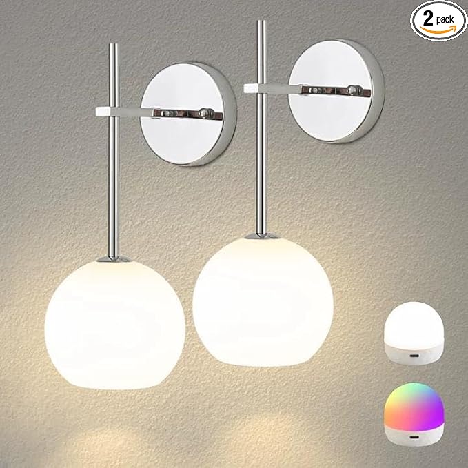 Chrome Battery Operated Wall Sconces Set of 2, Rechargeable Wireless Wall Lights with Milky White Frosted Glass Shade, 12 RGB and 3CCT Dimmable, Wall Lamps with Remote for Bedroom Living Room Hallway