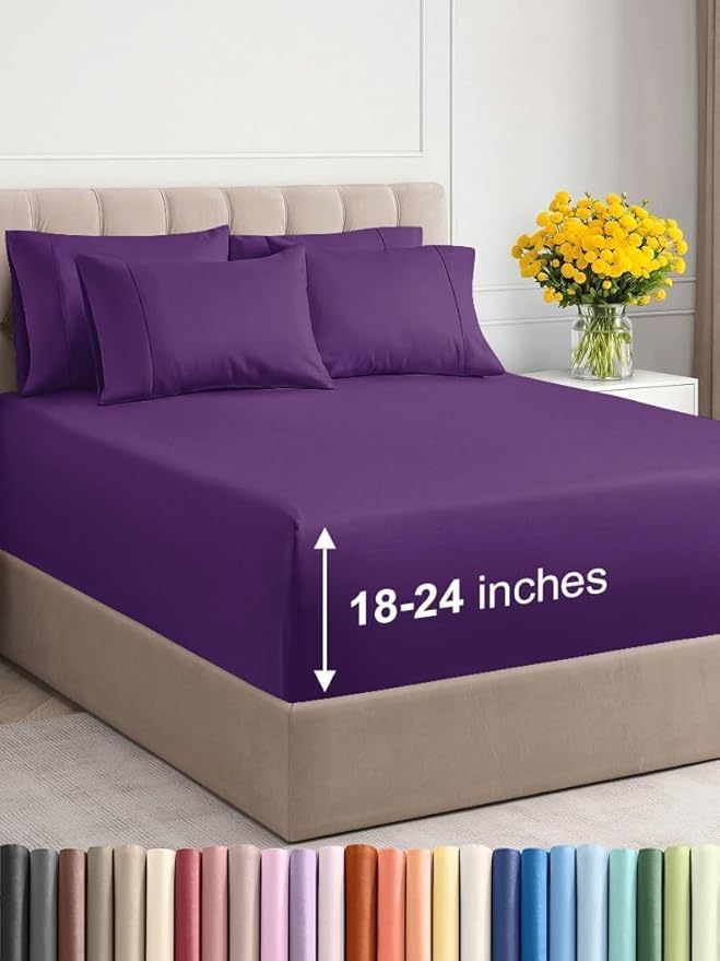 Extra Deep Cal King Sheet Set - 6 Piece Breathable & Cooling Sheets - Hotel Luxury Bed Sheets Set - Easy & Secure Fit - Soft, Wrinkle Free & Comfy Sheets Set - Purple Sheet Set with Extra Deep Pockets