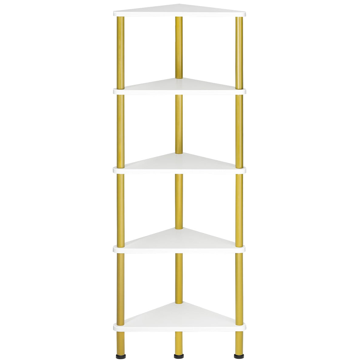 HOOBRO Corner Shelf Stand, Industrial 5-Tier Wall Corner Bookshelf with Metal Frame, Plant Display Shelf, Bookcase for Small Spaces, Bedroom, Living Room, White and Gold DW33CJ01