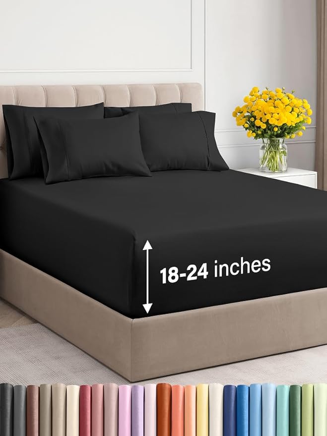 Extra Deep Queen Sheet Set - 6 Piece Breathable and Cooling Sheets - Hotel Luxury Bed Sheets Set - Easy & Secure Fit - Soft, Wrinkle Free and Comfy Sheets Set - Black Sheet Set with Extra Deep Pockets