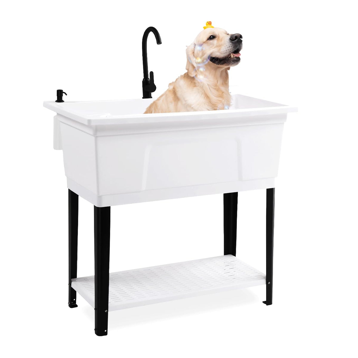 Vingli 37-Gallon Freestanding Utility Sink with Faucet, 36" Heightened Basin for Laundry, Garage, Outdoor Garden, Pet Wash, Heavy Duty Plastic Laundry Tub with Storage Shelf, 40"L×24"W×36"H, White
