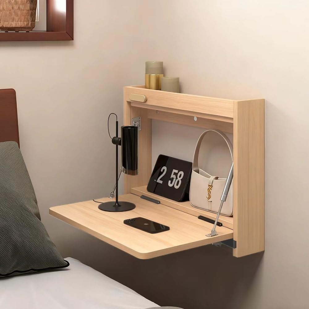 Wall Mounted Nightstand Folding Floating Desk, Small Vanity Desk Foldable Laptop Computer Table with Storage Shelf for Office Bedroom Bathroom(Wood,40cm (16"))