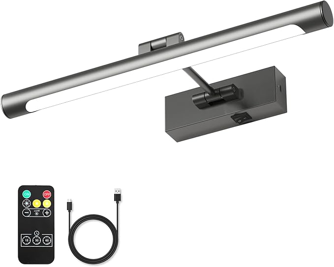 Joosenhouse Battery Operated Wireless Picture Light with Adjustable Swing Arm, Dimmable with Remote Control and Timer, 16.53 Inch Brushed Grey Rechargeable Display Light for Art and Gallery Displays