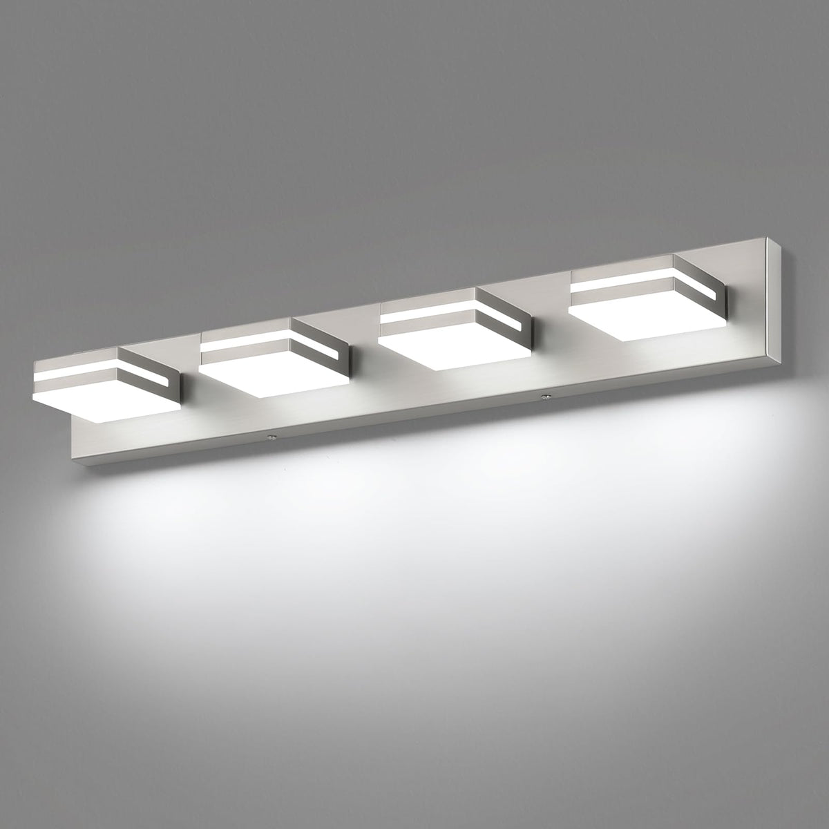 SineRise LED Modern Bathroom Vanity Light Fixtures, Modern Acrylic Bathroom Wall Lighting Fixtures Over Mirror, 4-Light, 30-Inch, Nickel, White