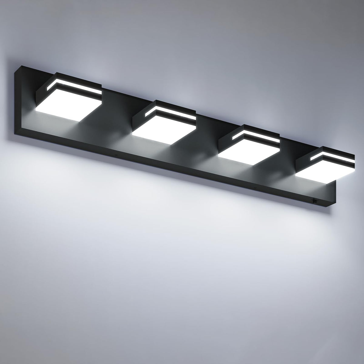 VOLISUN Modern 30-Inch Black Bathroom Vanity Light Fixtures, 4-Light, Cool White LED, Wall Mount, Touch Control