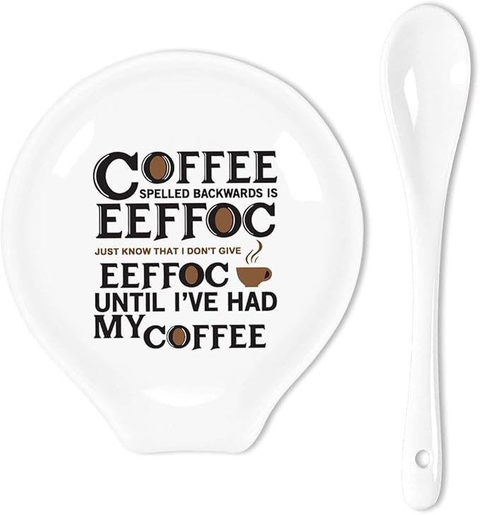 Funny Coffee Colored Pattern Ceramic Coffee Spoon Holder-Coffee Spoon Rest -Coffee Station Decor Coffee Bar Accessories-Coffee Lovers Gift for Women and Men-Coffee Spelled Backwards is eeffoc