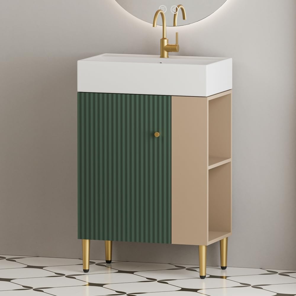 ZHZXWKK 21.6" Bathroom Vanity with Sink, Open Shelving & Soft-Close Door, Freestanding Combo Unit with Right Side Storage Cabinet, Wood Cloakroom Cabinet, Assembly Required (Green)