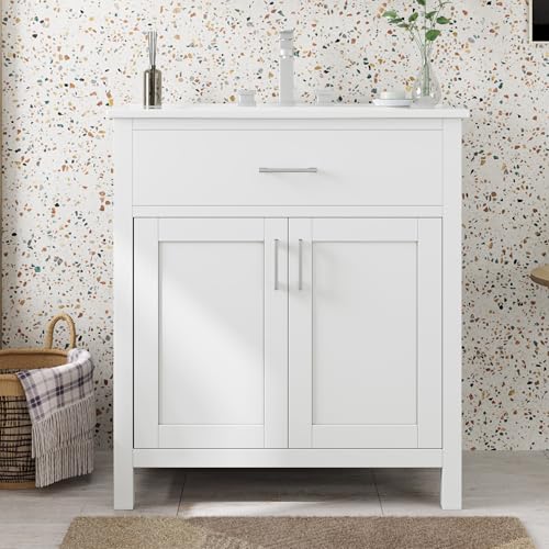 Virubi 30 in Bathroom Vanity with Sink,1 Drawer,2 Doors and Shelf, Solid Wood Frame &MDF Modern Single Bathroom Sink Cabinet,Freestanding (White)