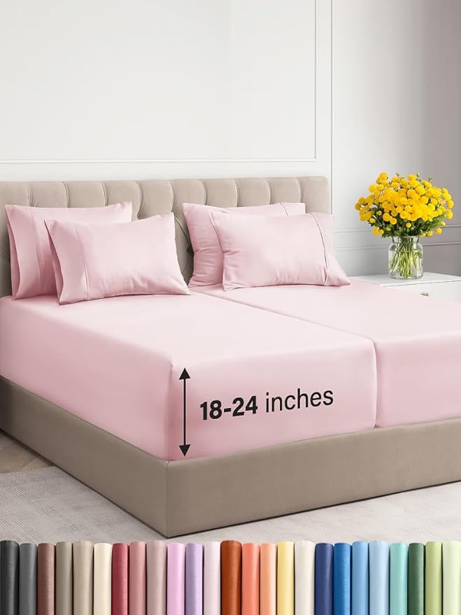 Extra Deep Split King Sheet Set - 7 Piece Breathable & Cooling Sheets - Hotel Luxury Bed Sheets Set - Easy Fit - Soft, Wrinkle Free & Comfy Sheets Set - Lavender Pink Sheet Set w/Extra Deep Pockets