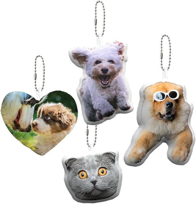 Custom Mini Pet Pillow, Personalized Photo Small Pillow, Customized Key Ring Shaped Dog Cat Face Pillow Gift, 3D Mini Pillow Keychain with Pet Picture - 3", 4", 5"