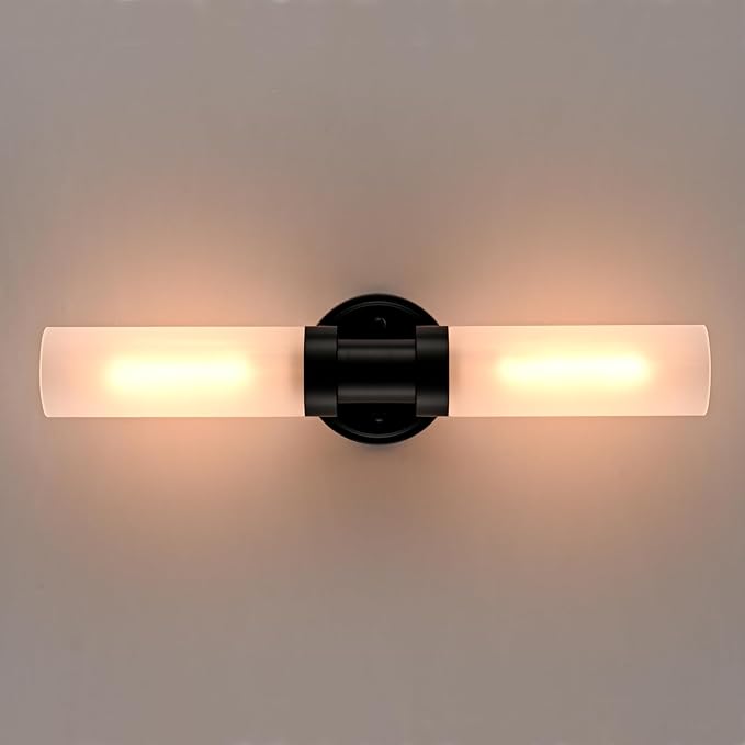 Modern Black Glass Wall Sconce 2-Light Cylinder Bathroom Wall Light Fixtures 20-Inch Frosted Glass Sconces Wall Lighting for Bedroom Living Room Hallway