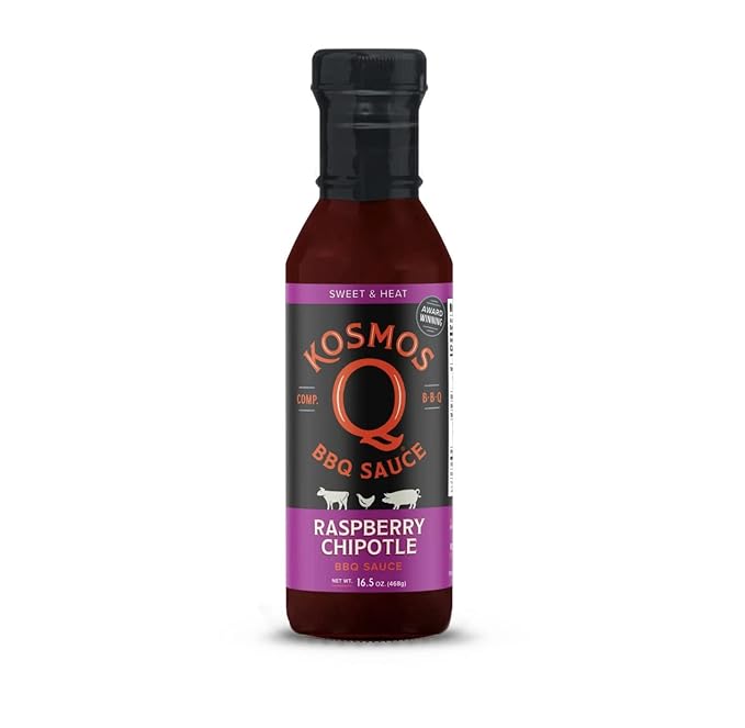 Kosmos Q Raspberry Chipotle BBQ Sauce, Sweet & Spicy BBQ Sauce with Real Raspberries & Chipotle Peppers, Bold Barbecue Sauce for Pork, Chicken, Brisket & More, Natural Ingredients, 16.5 Oz Bottle