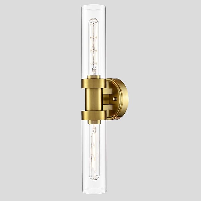 Modern Gold Wall Sconce with Clear Glass Shade 2-Light Bathroom Vanity Lights 20-Inch Brass Glass Wall Light Fixtures for Hallway Staircase Living Room