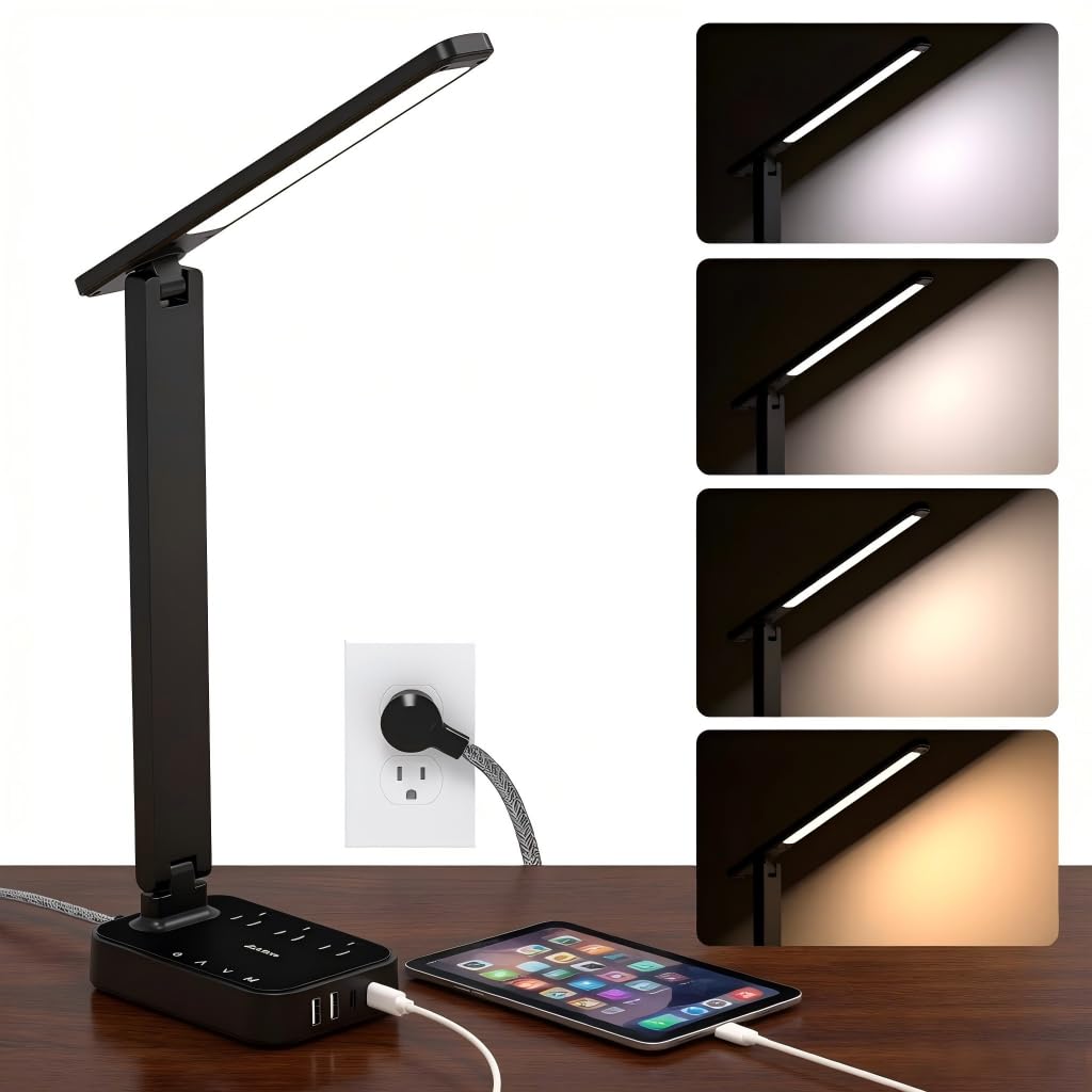 Addtam LED Desk Lamp, Power Strip with 3 Outlets 4 USB Charging Ports(2 USBC), 4 Modes 5 Level Brightness Touch Lamp, Small Desk Lamp for Home Office College Dorm Room Essentials, 10 FT