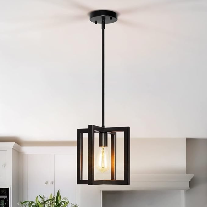 Modern Pendant Lighting for Kitchen Island 1-Light Farmhouse Black Light Fixtures Hanging Adjustable Small Square Chandeliers Ceiling for Dining Room Entryway Hallway