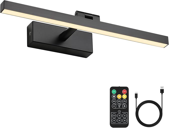 Joosenhouse Battery Operated Picture Light, Rechargeable Wireless Gallery Light with Remote Control, Dimmable & Timer Function, 15.35" Black Wall Lights for Artwork