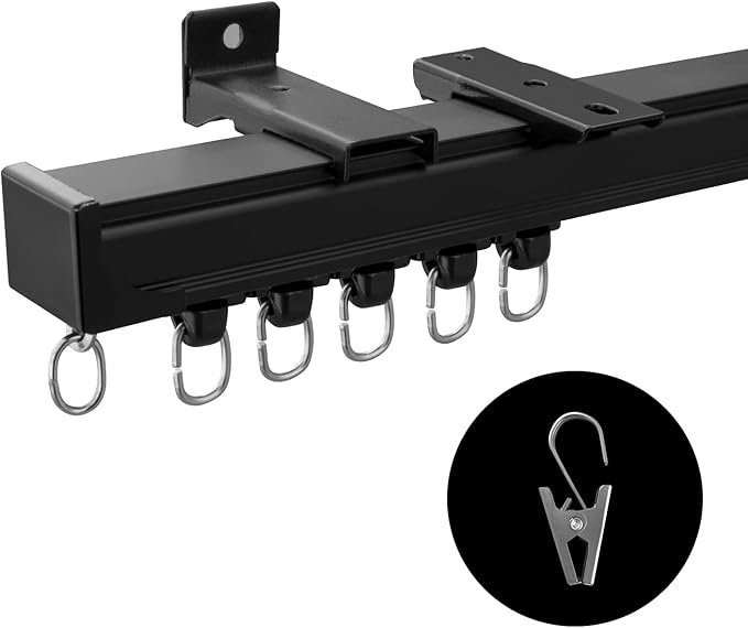 Ceiling Curtain Track Ceiling and Wall Mounted Heavy-Duty Curtains Rails Room Divider Curtains Shower RV Tracks Ceiling Sliding Curtain Rods with Clips,Black 9ft.