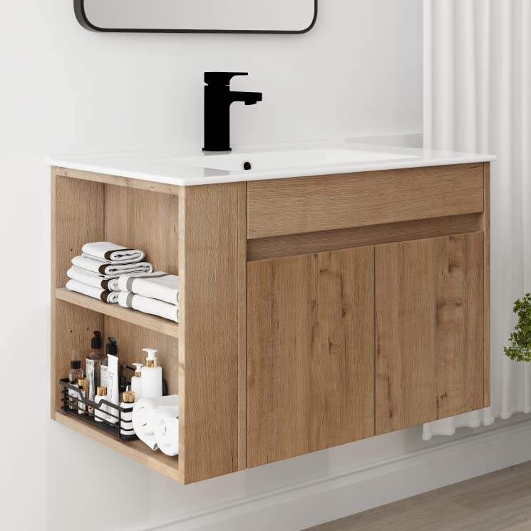 Mcltopz 30'' Floating Bathroom Vanity with White Ceramic Sink, Modern Imitative Oak Wall Mounted Bathroom Vanity Combo with Adjust Open Shelf and Soft Close Door, Hanging Bathroom Vanity Cabinet Set