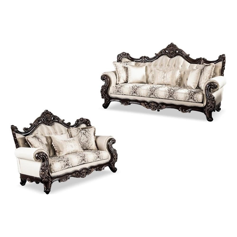 Furniture of America Zephyra Traditional 2-Piece Faux Leather Upholstered Sofa Set with Rolled Arms and Accent Pillows, Wooden Loveseat and Couch for Living Room, Office, Bedroom, Dark Cherry/Beige