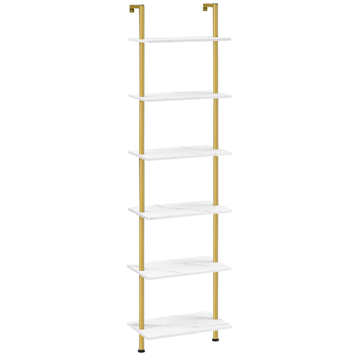 HOOBRO DIY Ladder Shelf, 6-Tier Wooden Wall Mounted Bookshelf, Narrow Gold Bookcase, Display Shelf, Storage Rack, Plant Stand, for Living Room, Bedroom, Study, Balcony, Marble and Gold DM651CJ01