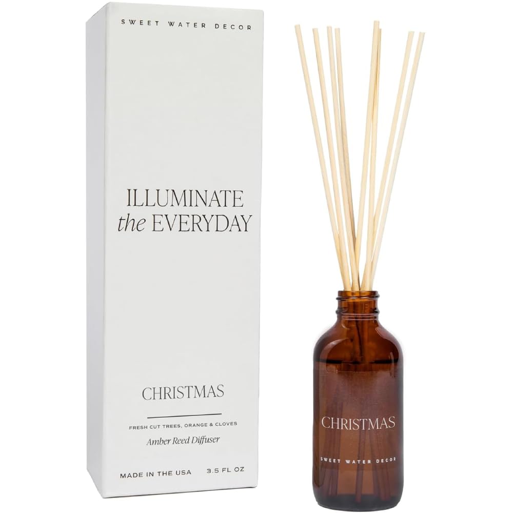 Sweet Water Decor Christmas Reed Diffuser Set - Christmas Scented Reed Diffuser w/Fresh Cut Trees and Orange Scent - Reed Diffusers for Home with Long Lasting Fragrance - Non-Toxic Oil Reed Diffuser