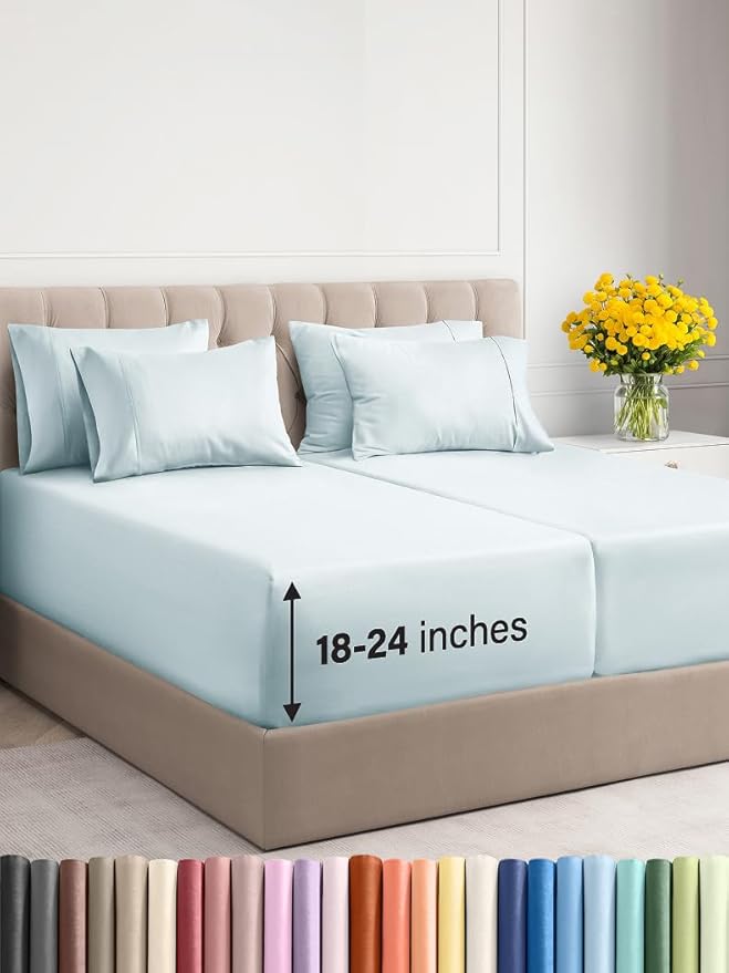Extra Deep Split King Sheet Set - 7 Piece Breathable and Cooling Sheets - Hotel Luxury Bed Sheets Set - Easy Fit - Soft, Wrinkle Free and Comfy Sheets Set - Ice Blue Sheet Set with Extra Deep Pockets