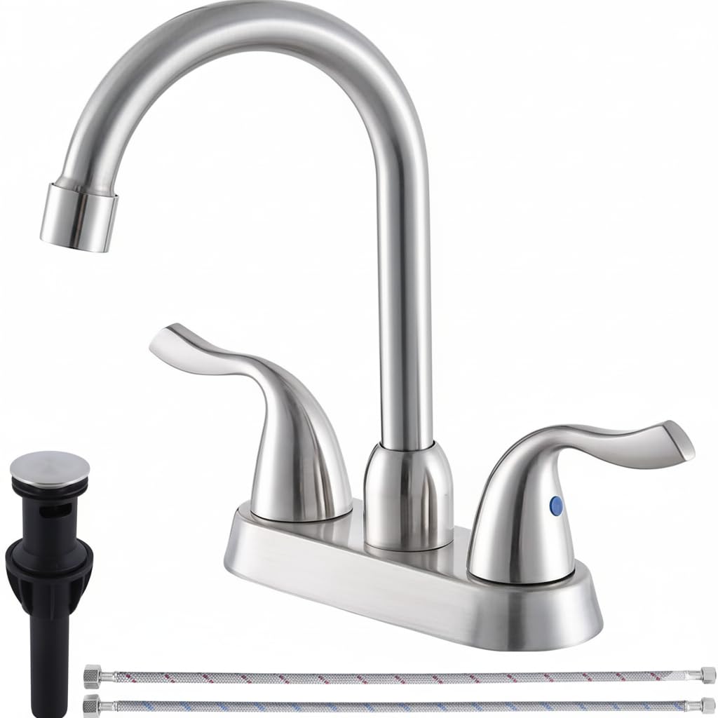 HOTIS HOME Brushed Nickel Bathroom Sink Faucet, 2 Handle 4 Inch Centerset Bathroom Faucet, 3 Hole Small Bathroom Sink Faucet with Supply Lines and Pop-up Drain, RV faucets for Camper Lavatory Vanity
