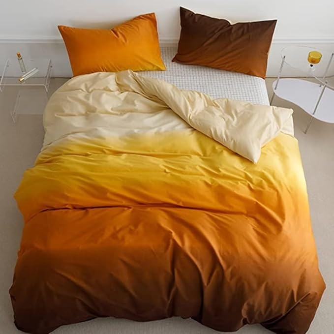 Houseri King Comforter Set Gradient Orange, 3 Piece Aesthetic Yellow Gold Brown Bedding Sets King Size for Women Men Artistic Sunset Color Light Dark Yellow Ombre Bedding Sets King Comfy Soft Quilts
