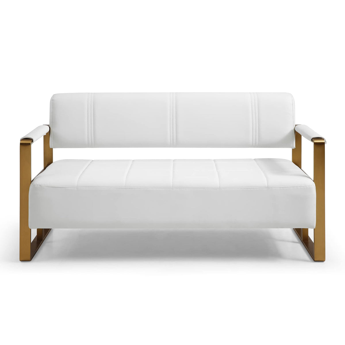 57.9" Width Upholstery Faux Bonded Leather Loveseat Sofa for Living Room Accent Love Seats for Small Spaces 2 Seater Couch Sofa Office Apartment Studio Furniture with Golden Metal Arms,White