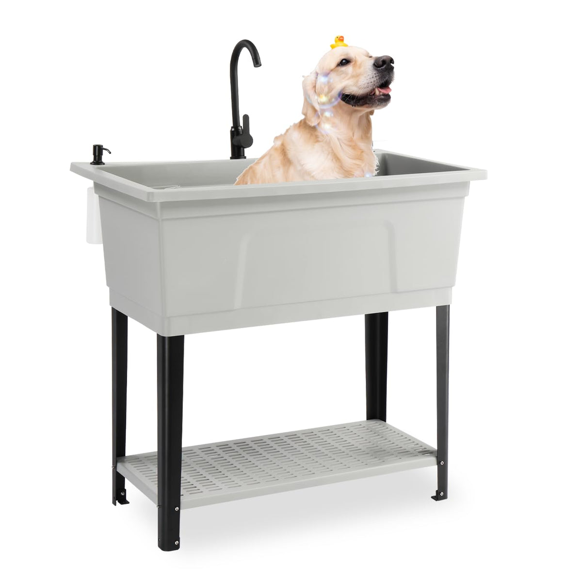 Vingli 37-Gallon Freestanding Utility Sink with Faucet, 36" Heightened Basin for Laundry, Garage, Outdoor Garden, Pet Wash, Heavy Duty Plastic Laundry Tub with Storage Shelf, 40"L×24"W×36"H, Grey