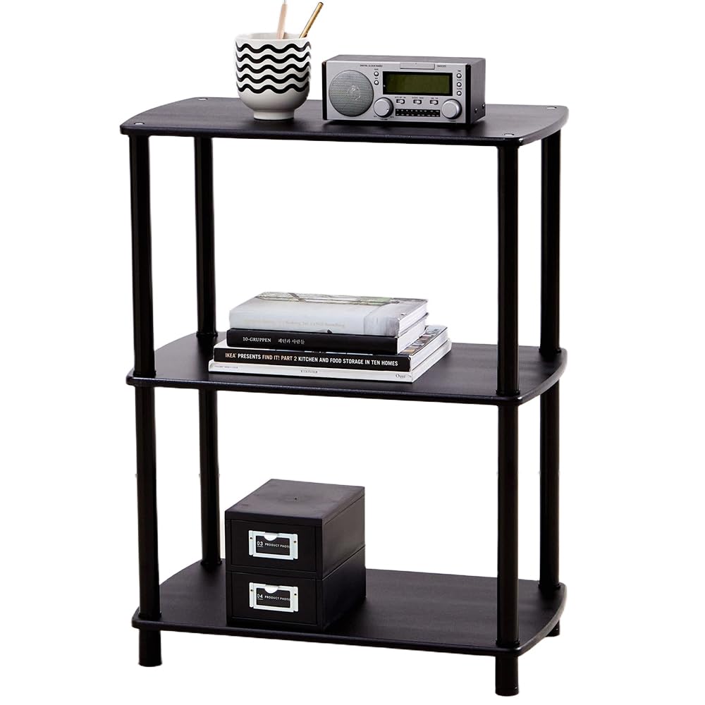 TRESBELLE 3-Tier Storage Shelves, Modern Open Display Bookshelf, Toolless Assembly Wood & Metal Shelving Unit, Multipurpose Storage Organizer Rack for Living Room, Bedroom, Home Office, Black