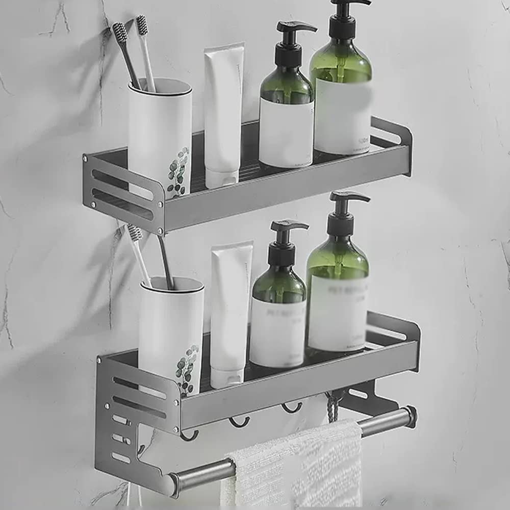 Shower Caddy Space Aluminum Bathroom Shelf Floating Shelves Bathroom Vanity Cosmetic Storage Rack with Towel Bar Wall Mounted Kitchen Shelves with Hook Seasoning Bottles Holde Organizer Shelf/Gray 2 L