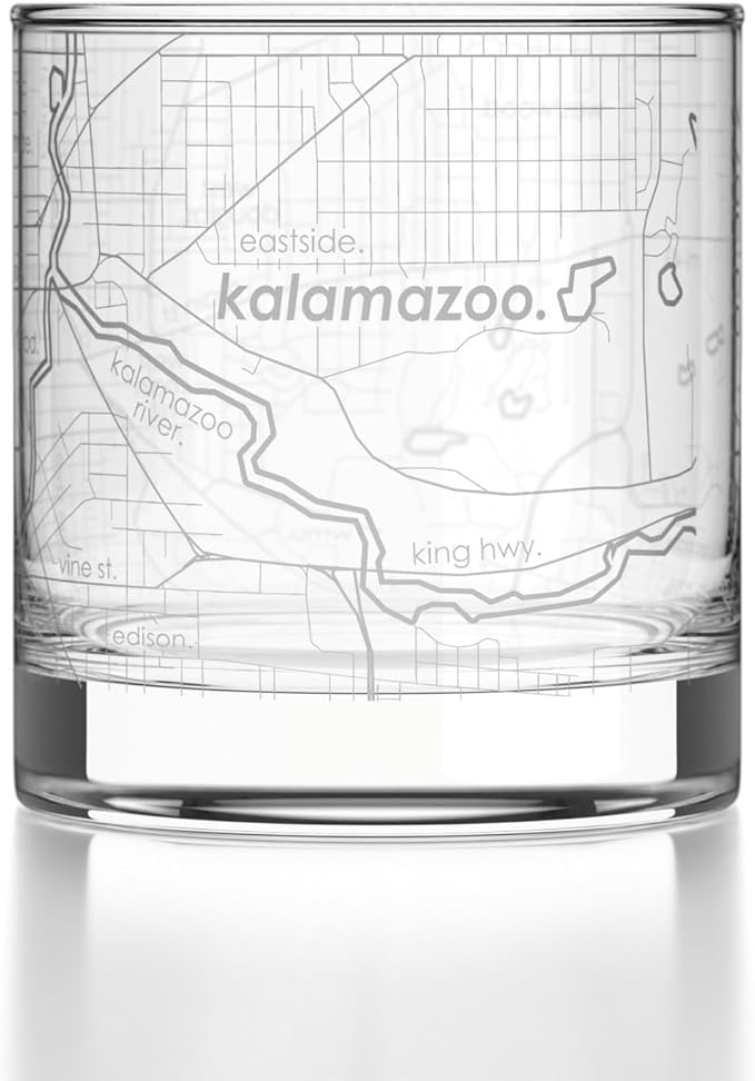 Well Told Engraved Kalamazoo Michigan Map Rocks Glass, Old Fashioned Glassware (11 oz, Clear) Etched Bourbon Tumbler, Gifts For Whiskey Lovers