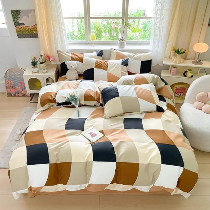 Hosueri White Beige Black Brown Cream King Plaid Comforter Set Men Women Warm Comfy Modern Multicolor Beige Orange Grid Bed Quilts Soft 3 Piece Distorted Checks Mosaic Dorm Bedding Sets King Blankets