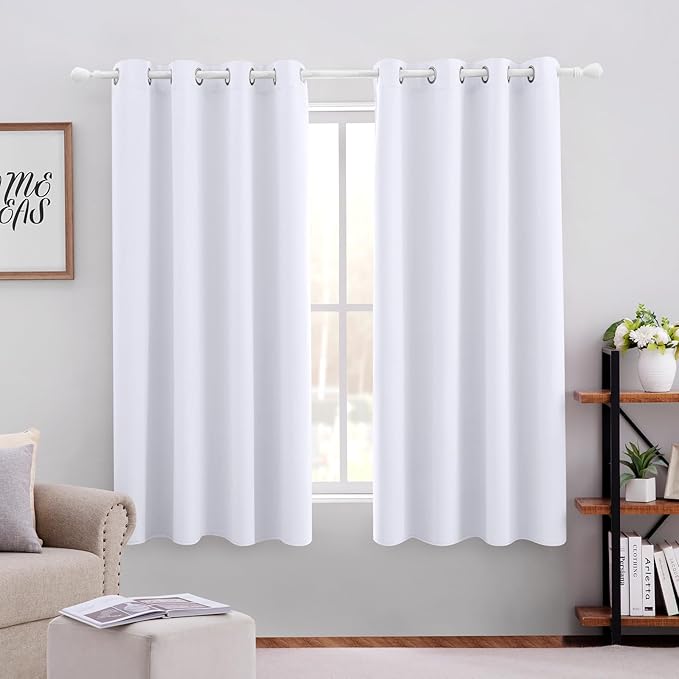 HOMEIDEAS Pure White Curtains 52 X 63 Inch Length Set of 2 Panels Curtains/Drapes, Grommet Window Curtains for Bedroom & Living Room