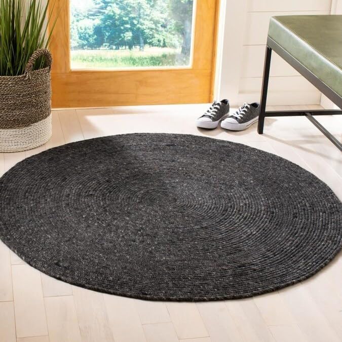 FRELISH DECOR Handwoven Jute Area Rug - Black Round Rustic Vintage Braided Reversible Rug - Eco Friendly Rug for Bedroom - Kitchen - Living Room - Farmhouse (8' Round - Black)
