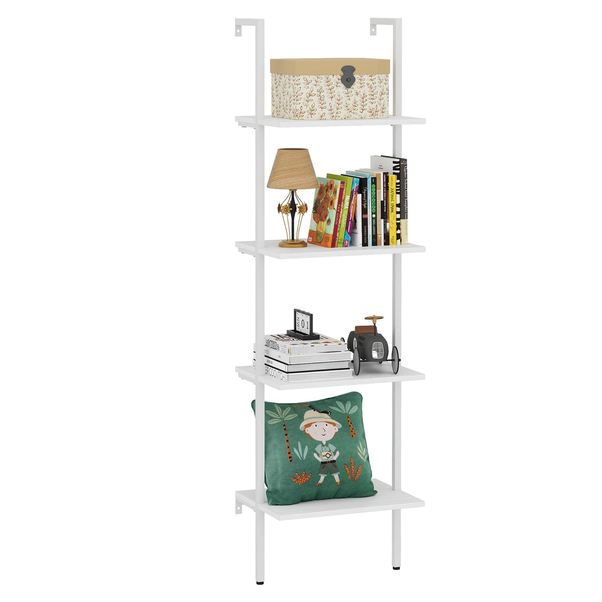 Wolawu Ladder Shelf 4 Tiers Metal Industrial Bookshelf,White Wooden Tall Open Storage Rack and Display Shelves,Wall Mount Wide Bookcase for Home Office Bedroom,Small
