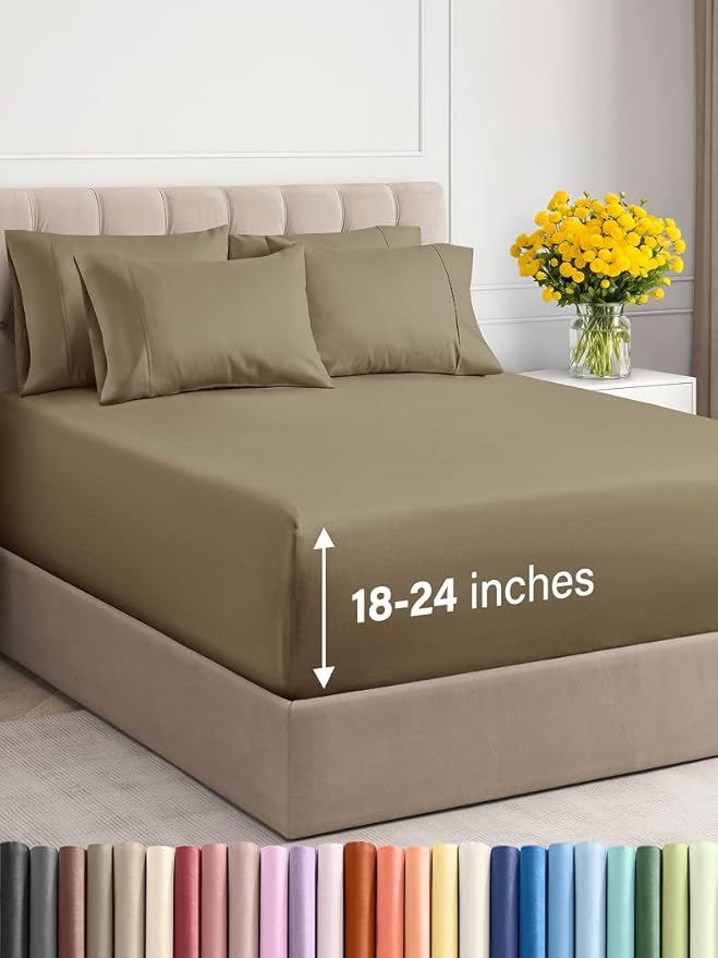 Extra Deep King Sheet Set - 6 Piece Breathable and Cooling Sheets - Hotel Luxury Bed Sheets Set - Easy & Secure Fit - Soft, Wrinkle Free and Comfy Sheets Set - Khaki Sheet Set with Extra Deep Pockets