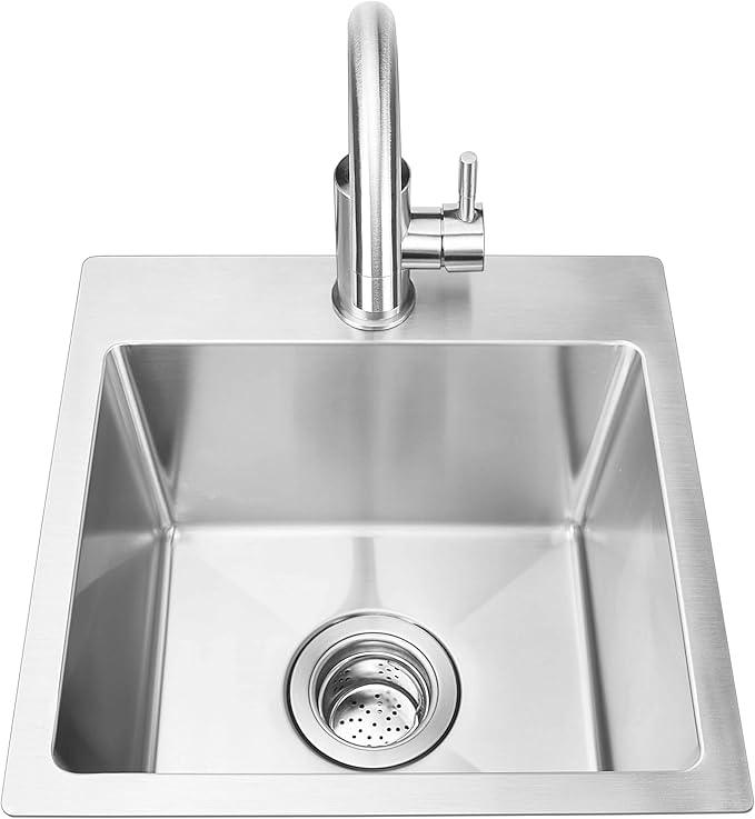 Bull Outdoor Products 18" Stainless Steel Sink & Faucet – Under & Over Mount All-in-One Kit – 304 Grade Stainless Steel, Includes Drain, Catch & Water Lines
