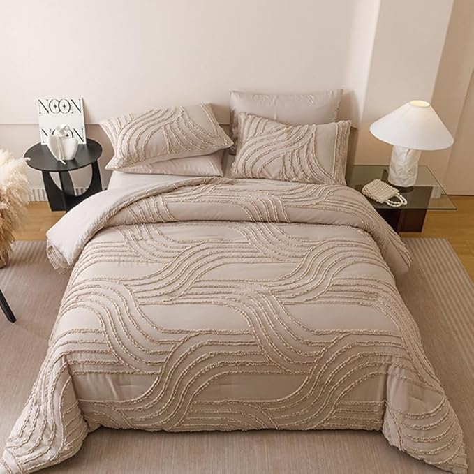Khaki Full Comforter Set - 7 Pieces Bed in a Bag, Premium Comforters Full Size Bed Set Tufted Shabby Chic Bedding Comforter Set with Flat Sheet, Fitted Sheet and Pillowcases,Khaki