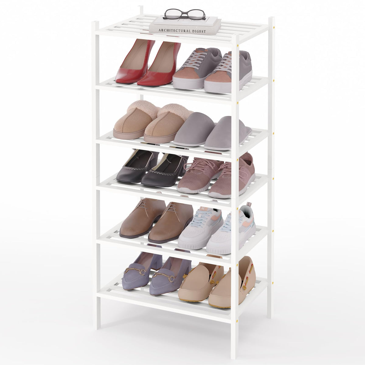 Smiry Bamboo Shoe Rack, 5 Horizontal Slats, 6 Tier - 17.3" Wide, White